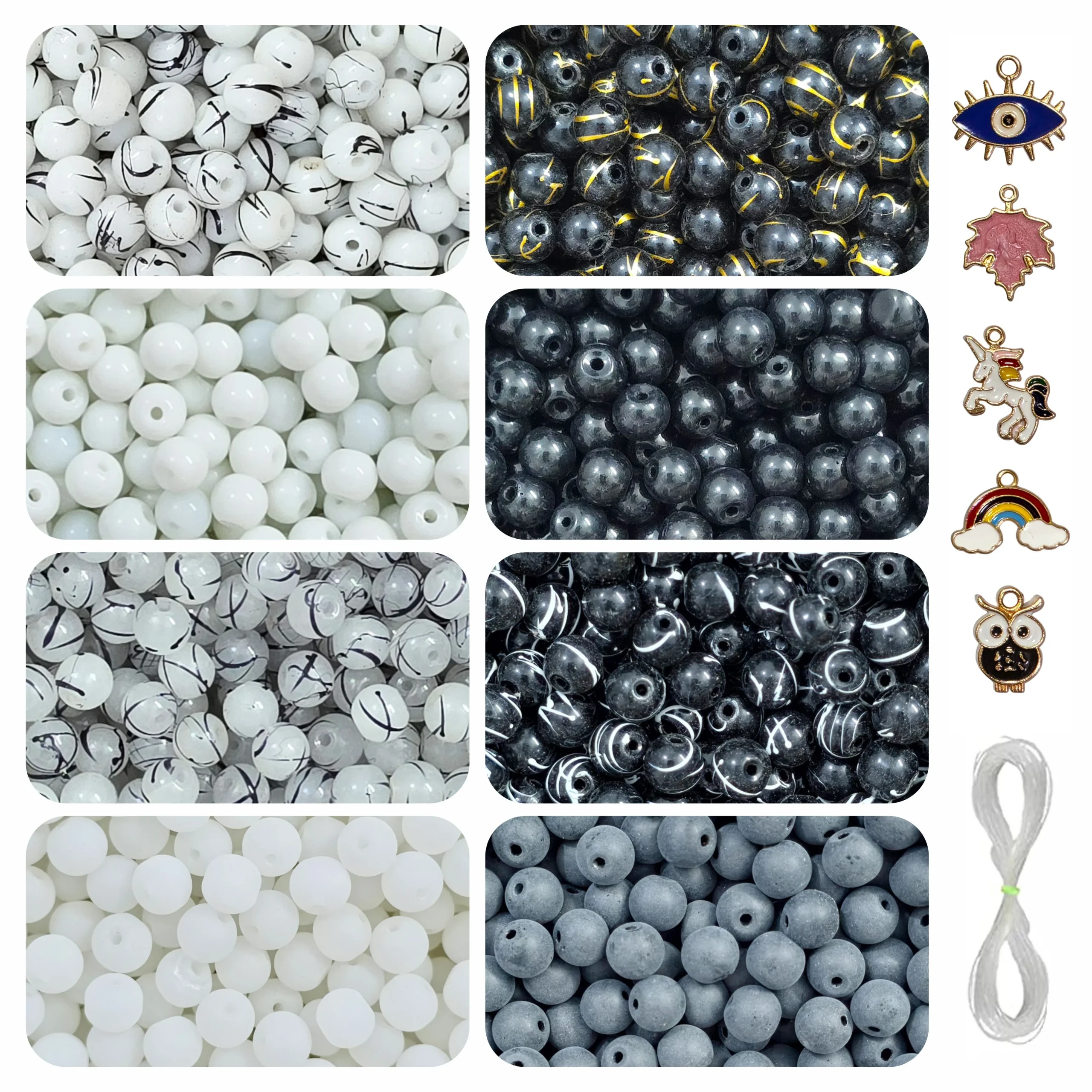 Beads-R-32 (1) 5 Pcs Charms + 225 Pcs Black & White Glass Beads for Bracelet Making Kit - Image 1