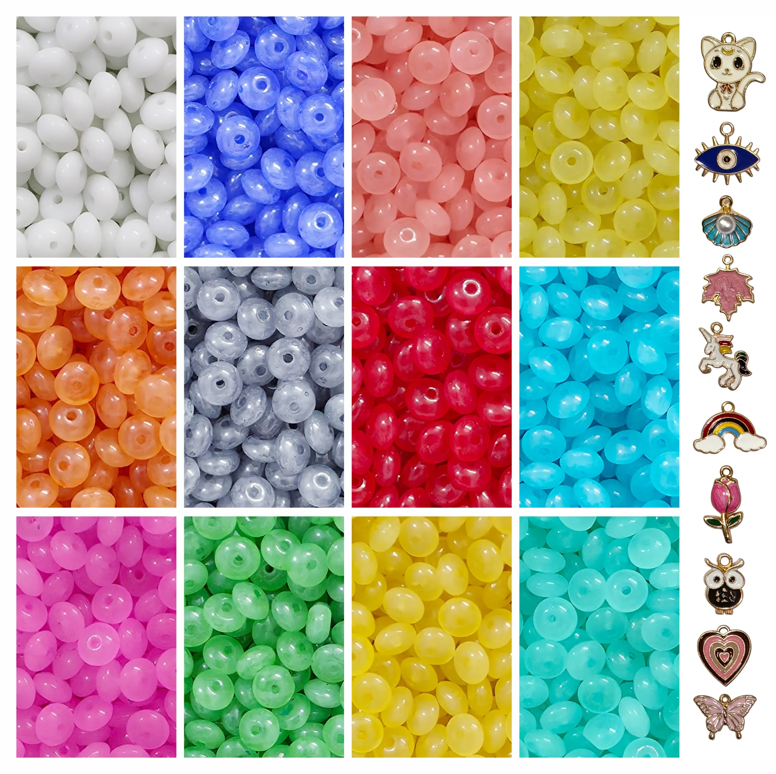 Beads-R-43 (1) 10 Pcs Charms + 480 Pcs Disk Shaped Glass Beads for Bracelet Making Kit - Image 1