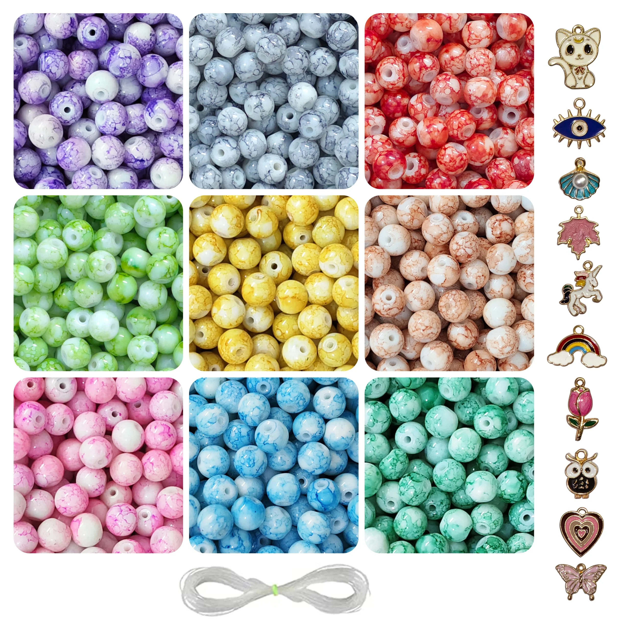Beads-R-53 (1) 10 Pcs Charms + 250 Pcs Marble Glass Beads for Bracelet Making Kit - Image 1