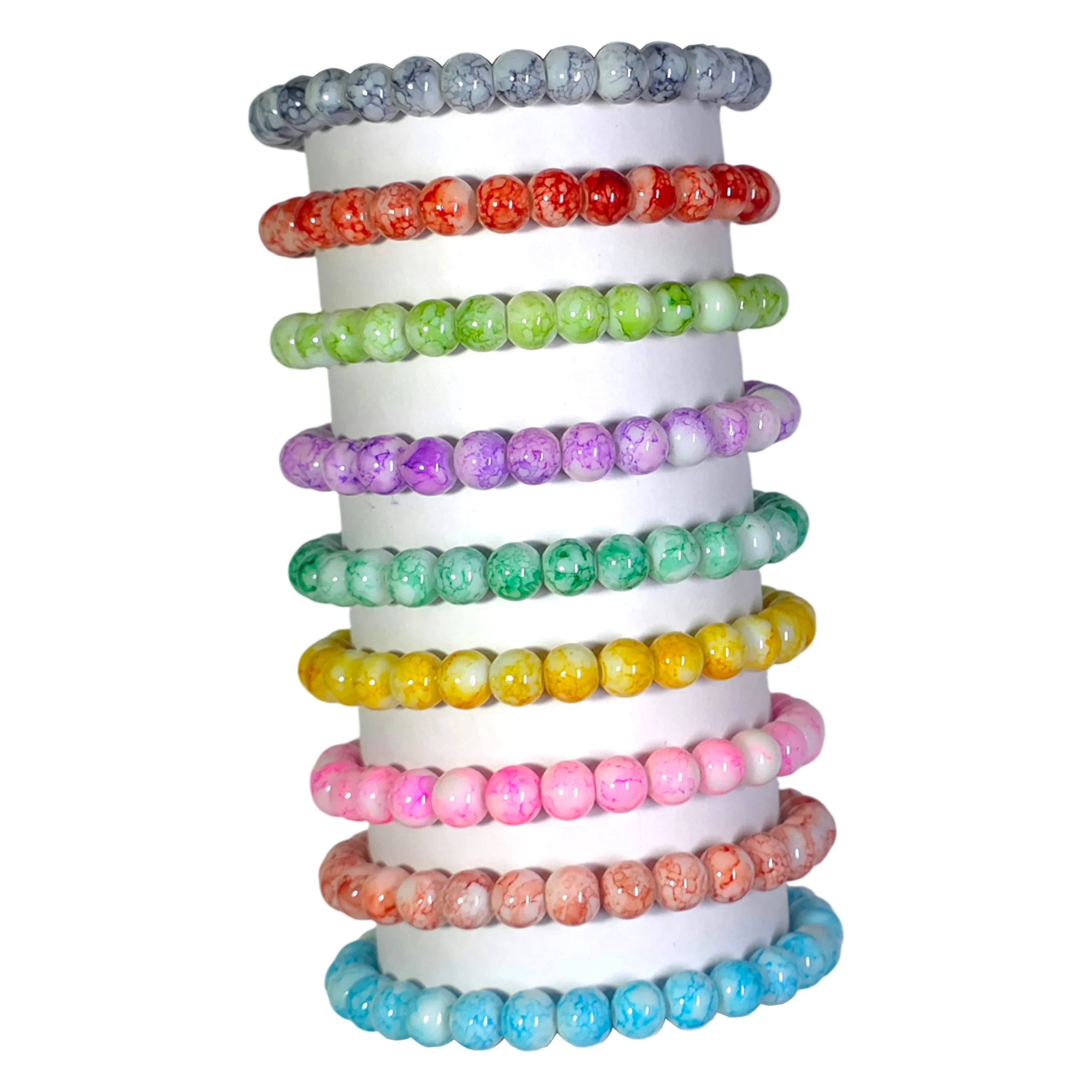 Bracelets-12 (1) Marble Glass Beads Bracelet Set - Pack of 9 - Stretchable - Image 1