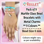 Marble Glass Beads Bracelet Set with Charms - Pack of 9 - Stretchable - Image 2