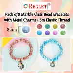 Marble Glass Beads Bracelet Set with Charms - Pack of 9 - Stretchable - Image 3