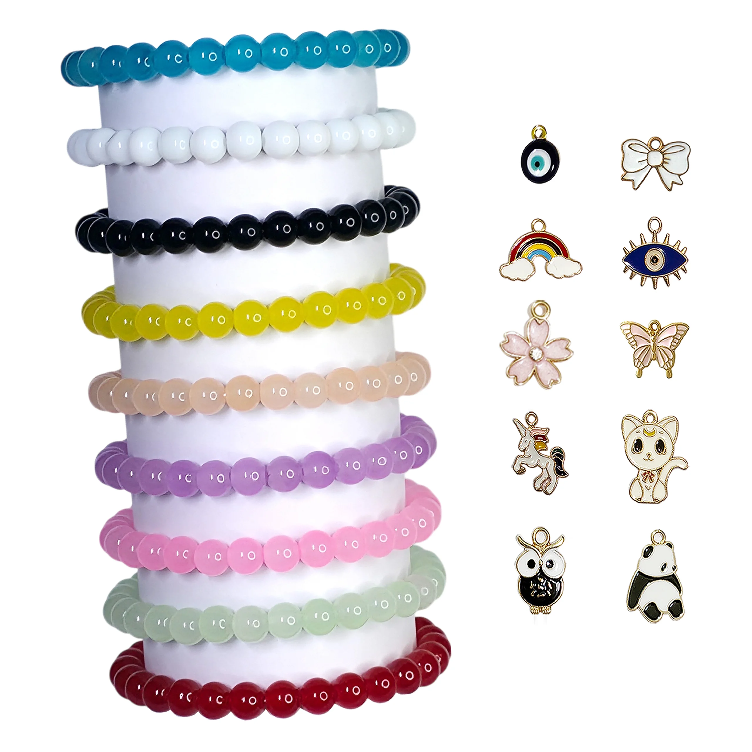 Bracelets-15 (1) Jelly Glass Beads Bracelet Set with Charms - Pack of 9 - Stretchable - Image 1