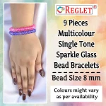 Single Tone Sparkle Glass Beads Bracelet Set - Pack of 9 - Stretchable - Image 2