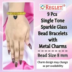 Single Tone Sparkle Glass Beads Bracelet Set with Charms - Pack of 9 - Stretchable - Image 2