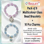 Oval & Diamond Cut Glass Beads Bracelet Set with Charms - Pack of 8 - Stretchable - Image 2