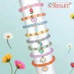Oval & Diamond Cut Glass Beads Bracelet Set with Charms - Pack of 8 - Stretchable - Image 4