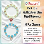 Jelly & Diamond Cut Glass Beads Bracelet Set with Charms - Pack of 9 - Stretchable - Image 3