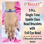 Single Tone Sparkle Glass Beads Bracelet Set with Evil Eye Bead - Pack of 9 - Stretchable - Image 2