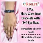 Black Glass Beads Bracelet Set with Evil Eye Bead - Pack of 9 - Stretchable - Image 2