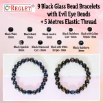 Black Glass Beads Bracelet Set with Evil Eye Bead - Pack of 9 - Stretchable - Image 3