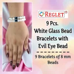 White Glass Beads Bracelet Set with Evil Eye Bead - Pack of 9 - Stretchable - Image 2