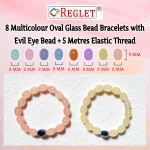 Oval Shaped Glass Beads Bracelet Set with Evil Eye Bead - Pack of 8 - Stretchable - Image 3