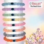 Oval Shaped Glass Beads Bracelet Set with Evil Eye Bead - Pack of 8 - Stretchable - Image 5