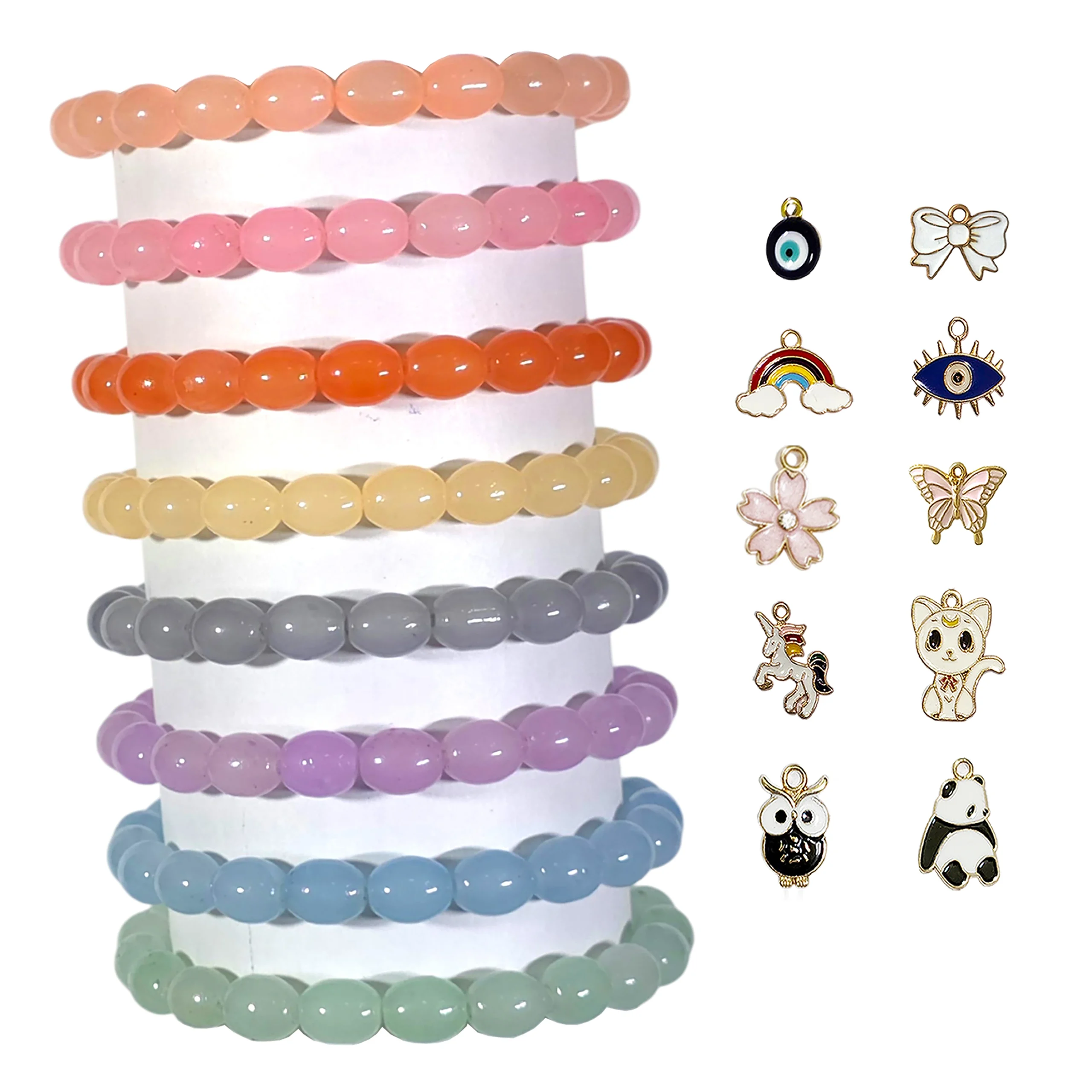 Bracelets-30 (1) Oval Shaped Glass Beads Bracelet Set with Charms - Pack of 8 - Stretchable - Image 1