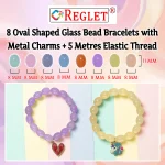 Oval Shaped Glass Beads Bracelet Set with Charms - Pack of 8 - Stretchable - Image 3