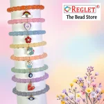 Oval Shaped Glass Beads Bracelet Set with Charms - Pack of 8 - Stretchable - Image 5