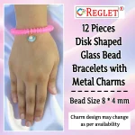 Disk Shaped Glass Beads Bracelet Set with Charms - Pack of 12 - Stretchable - Image 2