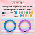 Cylinder Shaped Glass Beads Bracelet Set with Evil Eye Bead - Pack of 12 - Stretchable - Image 3