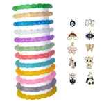 Cylinder Shaped Glass Beads Bracelet Set with Charms - Pack of 12 - Stretchable