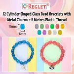 Cylinder Shaped Glass Beads Bracelet Set with Charms - Pack of 12 - Stretchable - Image 3