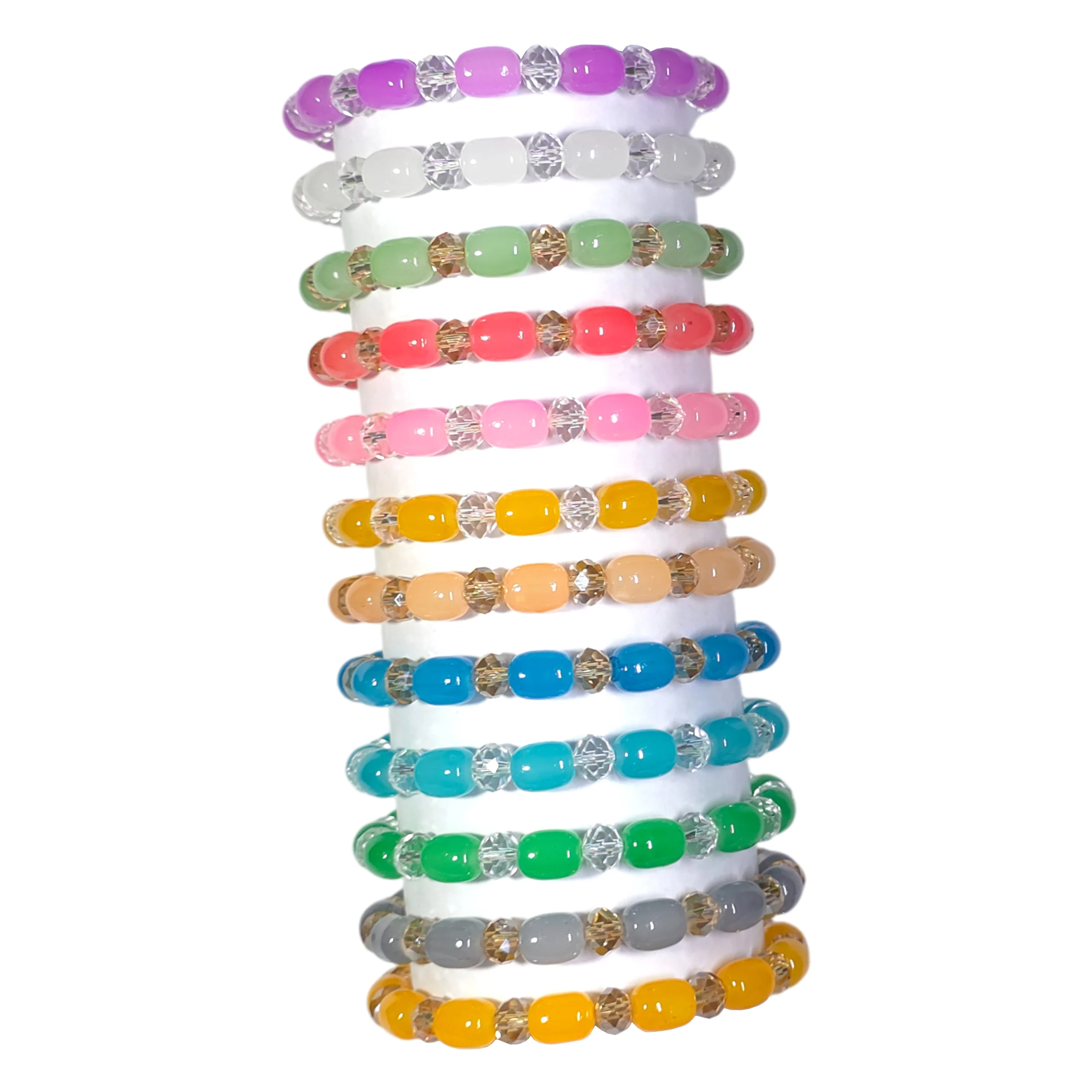 Bracelets-35 (1) Cylinder Shaped & Diamond Cut Glass Beads Bracelet Set - Pack of 12 - Stretchable - Image 1