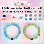 Marble Glass Beads Bracelet Set with Evil Eye Bead - Pack of 9 - Stretchable - Image 3