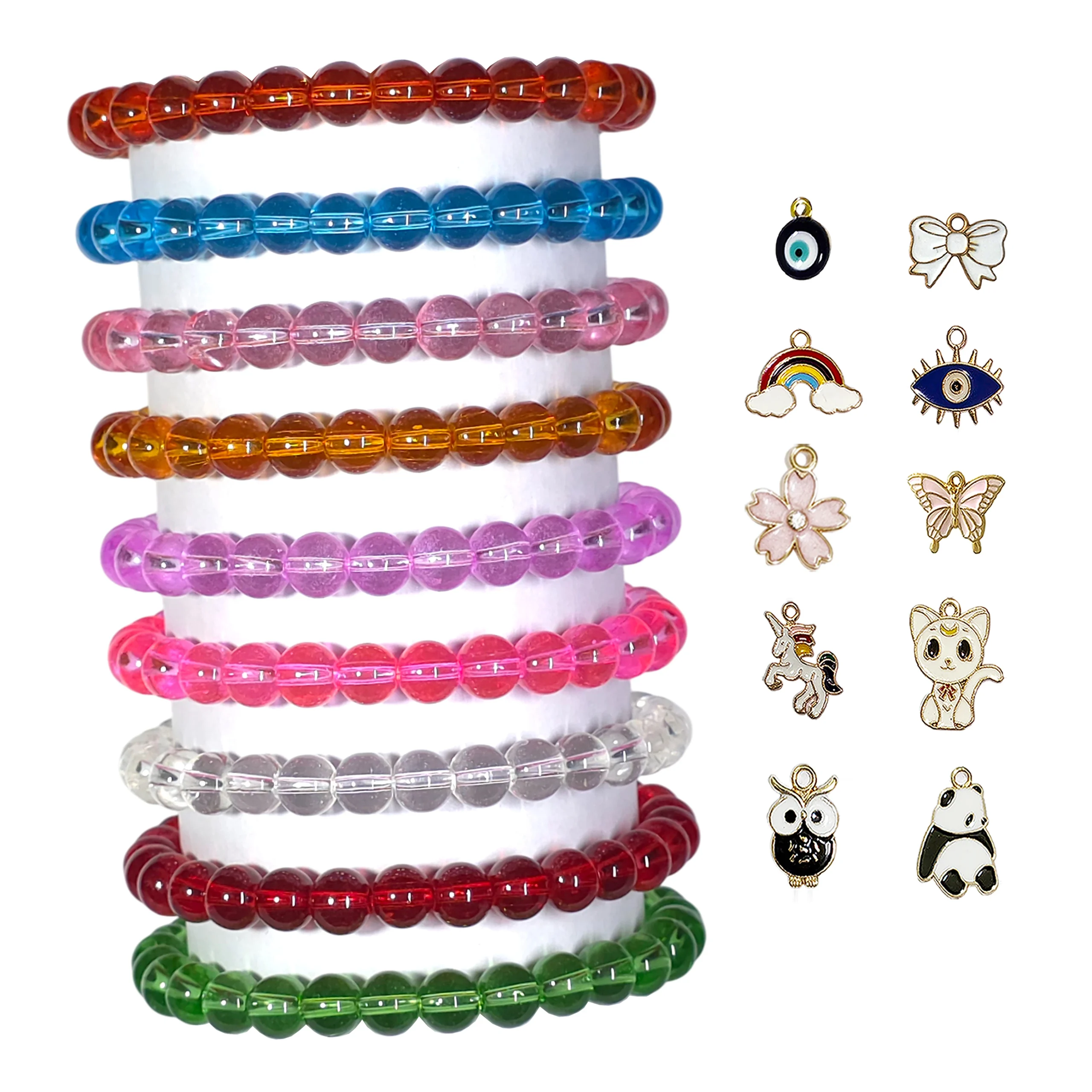 Bracelets-39 (1) Crystal Glass Beads Bracelet Set with Charms - Pack of 9 - Stretchable - Image 1