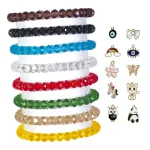 Diamond Cut Glass Beads Bracelet Set with Charms - Pack of 8 - Stretchable