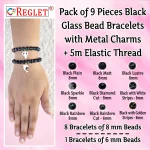 Black Glass Beads Bracelet Set with Charms - Pack of 9 - Stretchable - Image 2