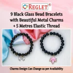 Black Glass Beads Bracelet Set with Charms - Pack of 9 - Stretchable - Image 3