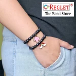 Black Glass Beads Bracelet Set with Charms - Pack of 9 - Stretchable - Image 4