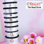 Black Glass Beads Bracelet Set with Charms - Pack of 9 - Stretchable - Image 5