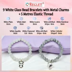 White Glass Beads Bracelet Set with Charms - Pack of 9 - Stretchable - Image 3