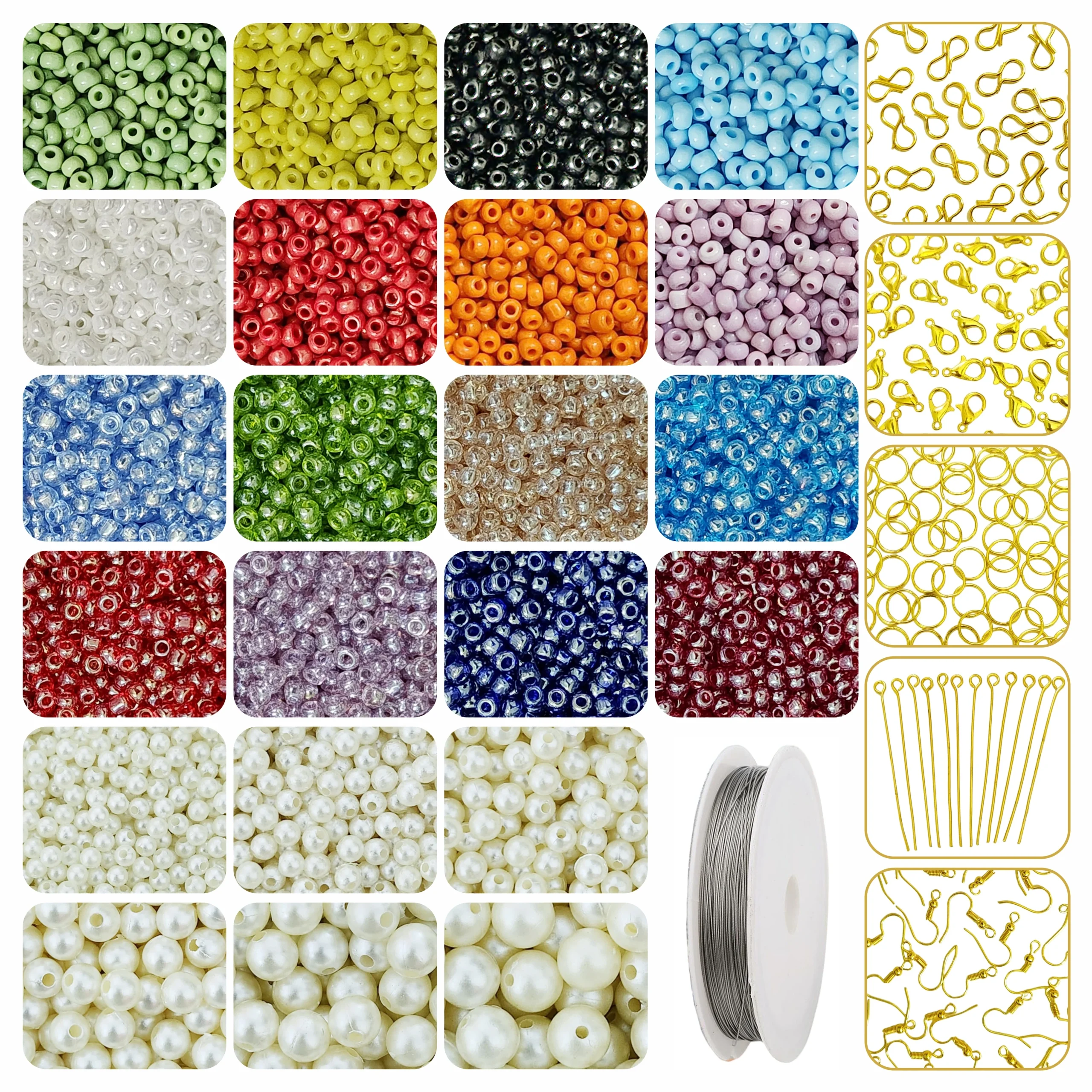 Seed Bead 4 1 5600 Glass Seed Bead (0/8 - 3mm) + 1800 Off White Pearls Beads + Jewellery Making Kit - Image 1