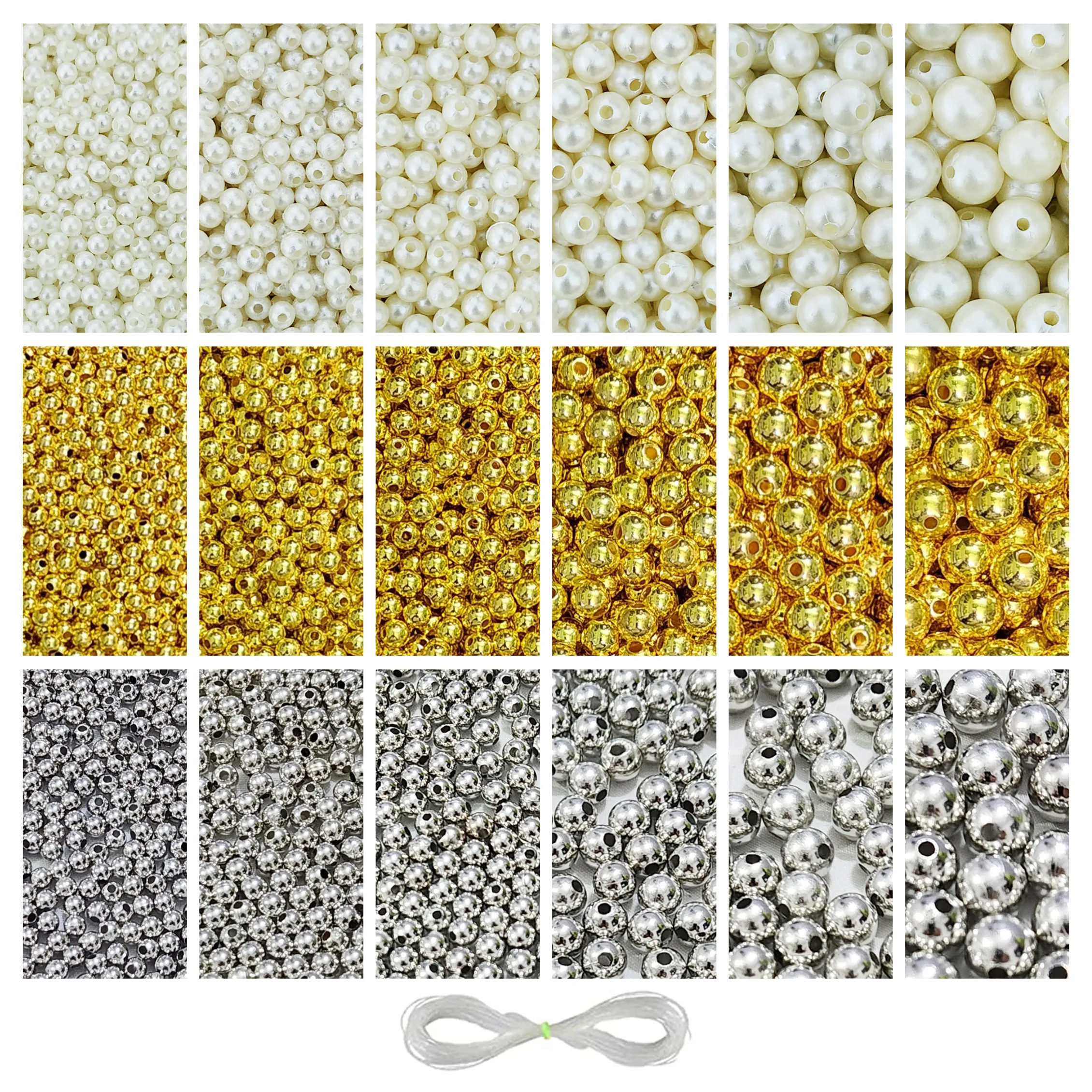 White-Silver-Gold 1 1800 Pcs Off White + 1800 Pcs Silver + 1800 Pcs Golden Pearl Beads for Craft, Jewellery Making Kit - Size 4 , 5 , 6 , 8 , 10 , 12 mm - Image 1