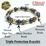 Triple Protection Bracelet, Tiger Eye, Black Obsidian, Hematite Stone Beads | Boosts Confidence & Focus, Protection & Negative Energy Shield | Natural Healing Bracelet - Image 2