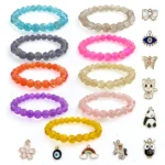 Single Tone Sparkle Glass Beads Bracelet Set with Charms - Pack of 9 - Stretchable
