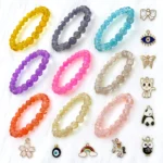 Single Tone Sparkle Glass Beads Bracelet Set with Charms - Pack of 9 - Stretchable - Image 6