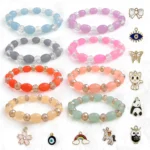Oval & Diamond Cut Glass Beads Bracelet Set with Charms - Pack of 8 - Stretchable