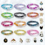 Dual Shade Sparkle Glass Beads Bracelet Set with Charms - Pack of 12 - Stretchable - Image 6