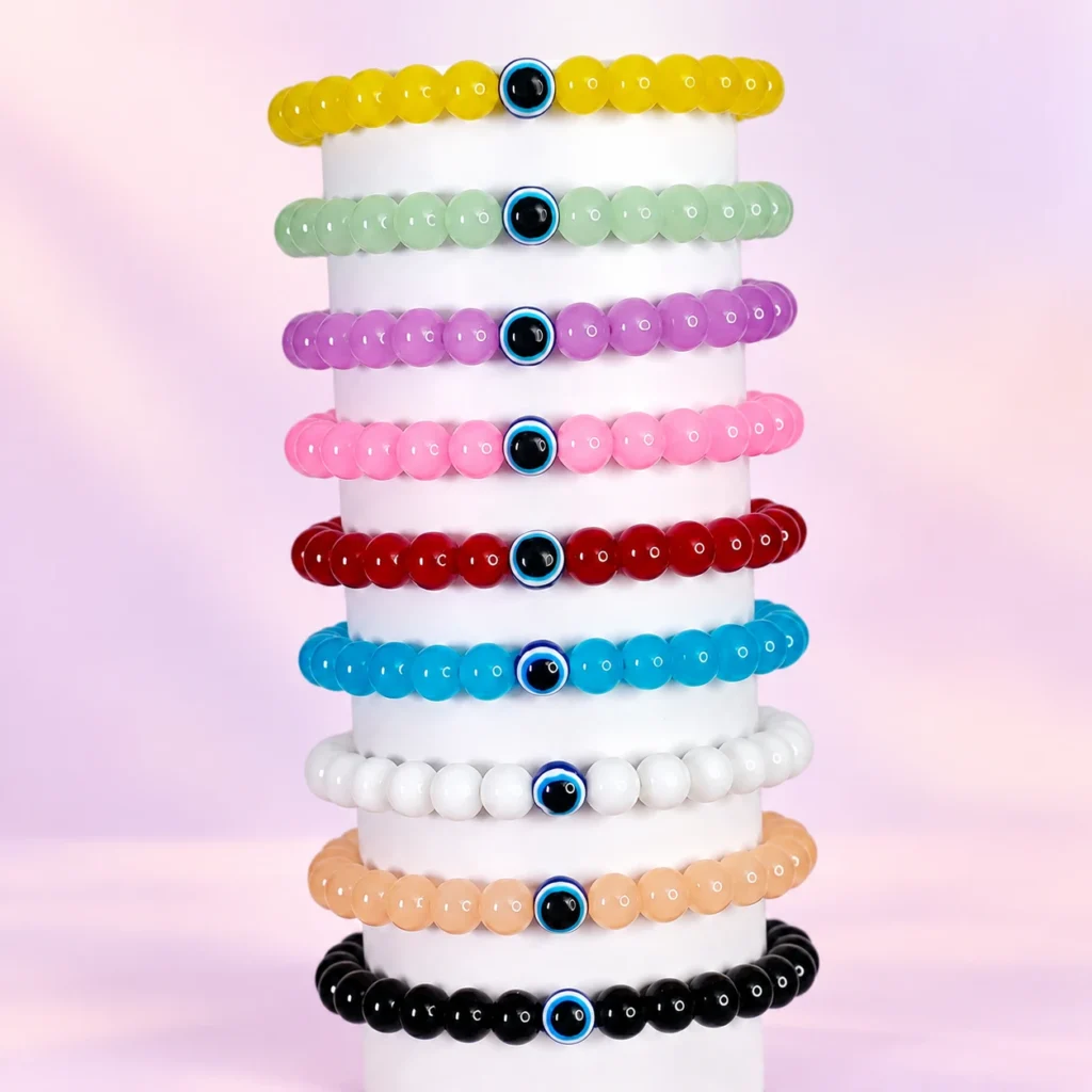 Jelly glass bracelets with evil eye bead, 9-piece 8mm stretchable set