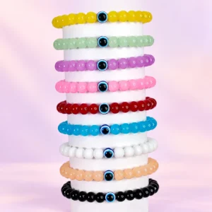 Jelly glass bracelets with evil eye bead, 9-piece 8mm stretchable set