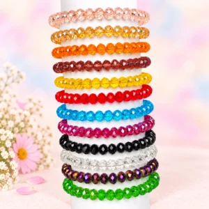 Diamond cut glass bracelets set of 12 with multicolour 8mm faceted beads and elastic thread