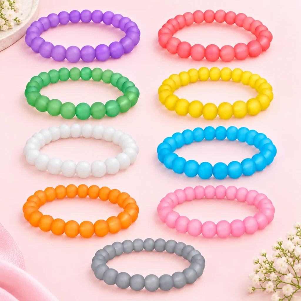 Matt glass bracelets set of 9 with multicolour 8mm beads and elastic thread