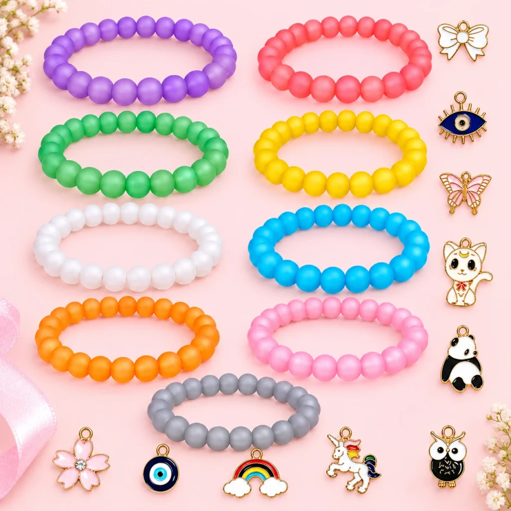 Matt glass bracelets with charms, 9-piece multicolour 8mm stretchable set