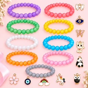 Matt glass bracelets with charms, 9-piece multicolour 8mm stretchable set