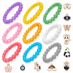 Matt Glass Bracelets with Charms – Pack of 9, 8mm Multicolour Stretchable - Image 6