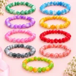 Marble glass bracelets set of 9 with multicolour 8mm beads and elastic thread