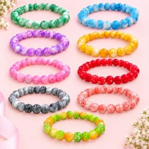 Marble glass bracelets set of 9 with multicolour 8mm beads and elastic thread